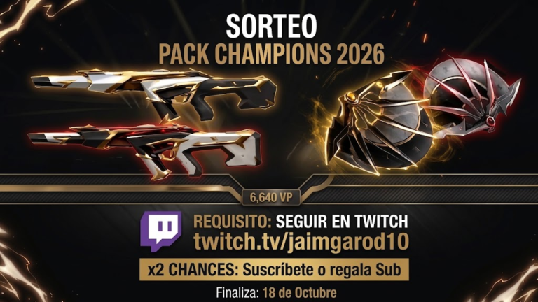 Sorteo Pack Champions 2026 de Valorant: requisito seguir twitch.tv/jaimgarod10, finaliza el 18 de octubre